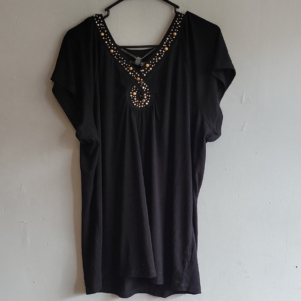 Women's XL Lena Black and Silver Dolman Sleeve Embellished Shirt Short Sleeve